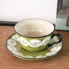 1pc 240ml Vintage Floral Ceramic Coffee Cup & Saucer Set, Elegant Retro Latte Art Mug, Suitable For Home, Office, Cafe And Various Occasions, Perfect For Tea, Espresso And Afternoon Tea - Multicolor - View 7