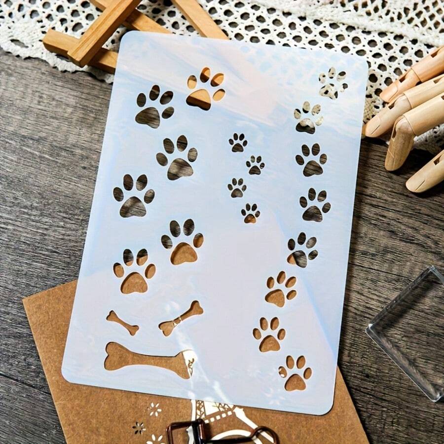 DIY Template With Dog Paw And Bone Patterns, Suitable For Scrapbooking, Painting, And Embossing – Ivory Craft Template, Designed For Back-To-School Season