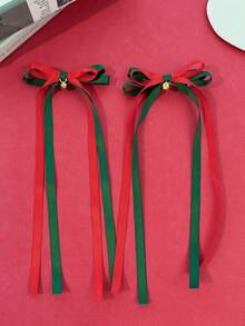 1pc Christmas Holiday Style Bell & Bow Hair Clip With Long Contrast Color Ribbon, Party Atmosphere Headpiece - Multicolor - View 3