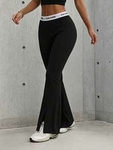 Hidkat Women's Fashion High Waist Letter Elastic Band Yoga Casual Sports Knit Long Pants - Black - View 3