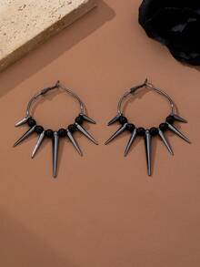 1 Pair Punk Style Spiky Tassel & Black Bead Hoop Earrings, Best Accessory For Concerts, Parties, Daily Wear And Street Rock - Gun Black - View 5