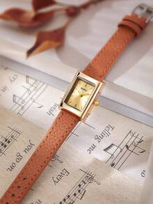 1pc Women's Vintage Rectangular Casual Fashion Minimalist Quartz Wristwatch, Maillard Aesthetic Accessory Watch Suitable For Daily Wear - Brown - View 4