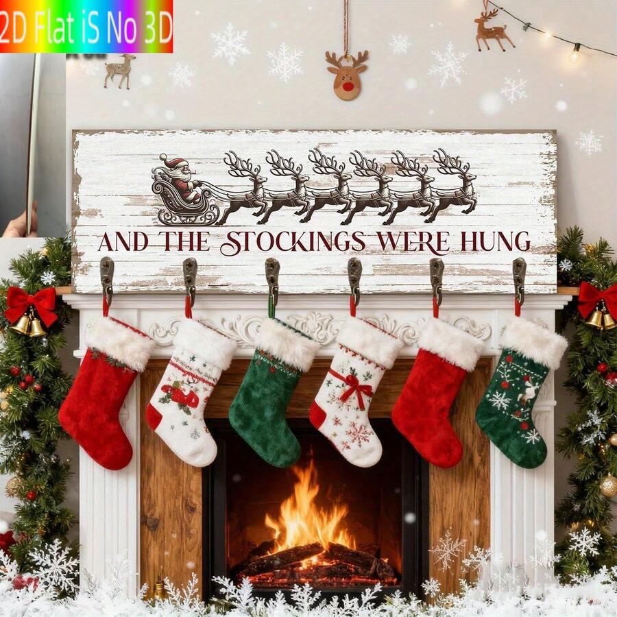 2D Flat Wooden Christmas Keychain, Santa Sleigh Print Decorative Fireplace Classic Stocking Display Board, Holiday Decoration, Wall-Mounted Key Holder Room Decor For Nursery, Bar, Kitchen - Multicolor - View 1