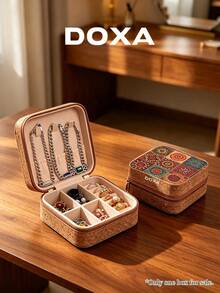 DOXA Vintage Print Portable Jewelry Box, Travel Zipper Jewellery Storage Case, Compact Display Organizer For Rings Necklaces Earrings - Brown 4 - View 2