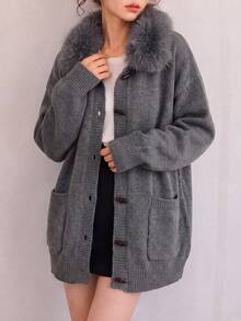 Women's Autumn/Winter Casual Elegant Fur Collar Design Loose Knit Cardigan Jacket - Grey - View 5