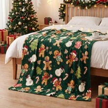 1pc Christmas Green Background Gingerbread Man Snowman Candy Cane Digital Print Flannel Blanket - Modern Style, Comfortable Soft Polyester Knit Fabric For All Seasons, Multi-Purpose, Suitable For Sofa, Bed, Travel, Camping, Chair, Gift Blanket - Green - View 2