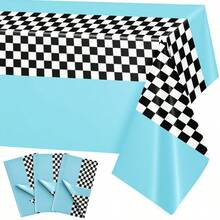 1pc/3pcs Black & White Checkered Tablecloth, 54 X 108 Inches, Theme Party, Racing Tablecloth, Suitable For Racing Birthday Party Decoration Supplies, Racing Party Gifts (Sky Blue) - Multicolor - View 7