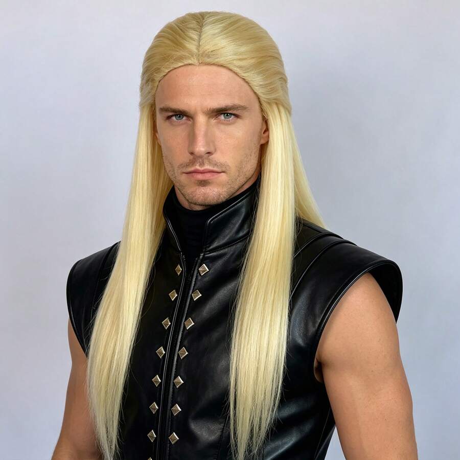 Medieval Vintage Noble Men Long Blonde Synthetic Straight Wig Natural Looking Half Ponytail Stylized Cosplay Halloween Party Costume Wig - Gold - View 1