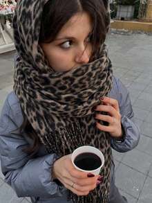 1pc Vintage Brown Leopard Print Faux Cashmere Tassel Oversized Scarf For Women, Autumn/Winter Thickened Long Shawl, - Leopard - View 3