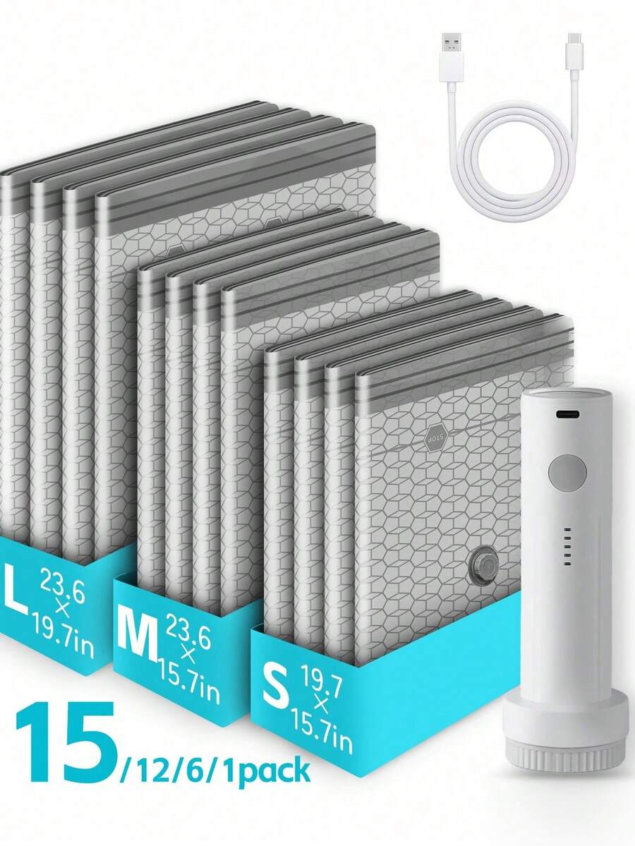 便攜式電動抽氣真空收納袋,4500Pa吸力,1500mAh USB充電,省空間可重複使用壓縮密封袋收納袋,防潮防霉 - 彩色 - 查看 1