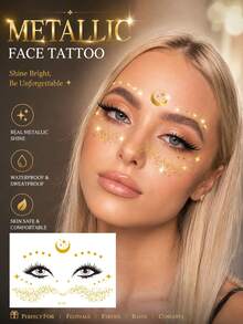 Metallic Gold Star Face Tattoos For Women, Shiny Glitter-Effect Temporary Face Tattoo Stickers, Waterproof Festival Makeup Decals For Parties, Raves, Concerts, Halloween & Cosplay - Multicolor - View 5