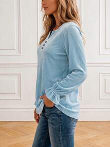 Women's Elastic Smooth Velvet Long Sleeve Top, Minimalist V-Neck With Decorative Buttons, Ruffle Cuffs, Loose Fit Blouse, Office Casual Basic Style For Spring And Autumn - Mint Blue - View 6