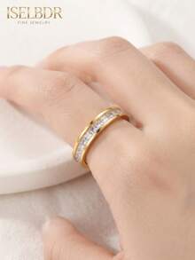 2pcs/Set 18K Gold Plated Stainless Steel Bracelet And Ring Set, Rectangular Cut Cubic Zirconia Channel Inlay Bracelet And Eternity Ring, Waterproof Anti-Oxidation Luxury Jewelry, Women's Gift - Gold - View 4