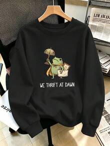 Women's Plus-Size Stylish Crew-Neck Sweatshirt Featuring A Vintage Cartoon Frog Graphic; A Casual Top Suitable For Everyday Wear In Autumn And Winter. - Black - View 1