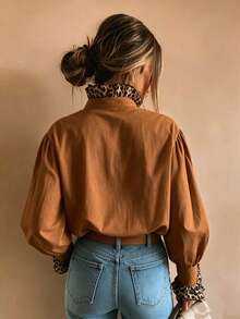 1pc Leopard Print Solid Color Polyester (Polyester) Button Cross Front Patchwork Collar Women's Shirt Suitable For Daily, Holiday, Spring, Autumn, Summer Three Seasons - Brown - View 4
