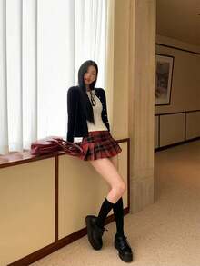 Brown & Black Plaid Pleated Mini Skirt, High Waist A-Line Slimming Fit, Campus & Commute Style, Japanese JK Girl Skirt - Red - View 3