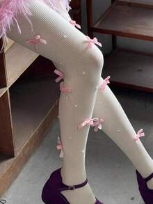 Velvet Bow Sheer Tights, Versatile JK Style Cute Sweet Lolita Pearl Leggings, Ballet Style Pure White Vertical Striped Slim Fit Tight Pants - Multicolor - View 4