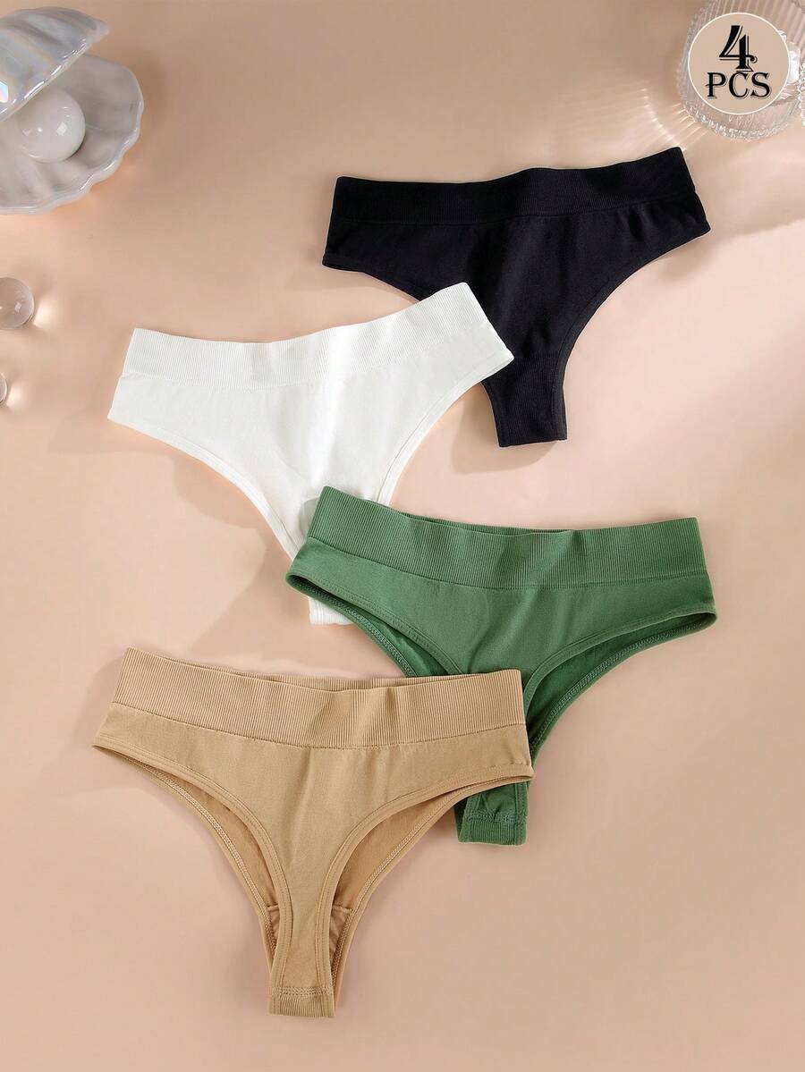Aofeiqike 4pcs Women High Waist Seamless Thong Panties, Soft Invisible Everyday Underwear - Multicolor - View 1