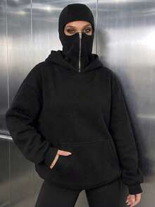 女款休閒抓絨帽連帽衛衣，雙層帽設計，拉鍊口袋，寬鬆版型，遮臉設計，秋冬日常穿搭 - 黑色 - 查看 6