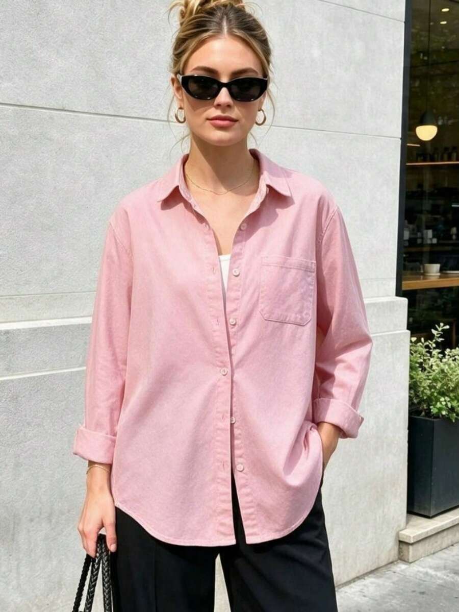 Women's Autumn Solid Color Pocket Front Button-Down Casual Shirt - Pink - View 1