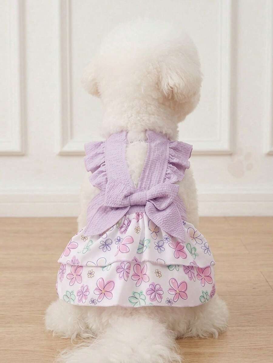 LUCKIE PAW 1pc Pink Bow Colorful Polka Dot Shoulder Strap Pattern Print Flutter Sleeve Elegant Princess Style Tulle Dress Suitable For Chihuahua Small Dogs Wedding Dog Clothing Pet Dress For Cats And Dogs Indoor And Outdoor - Multicolor - View 1