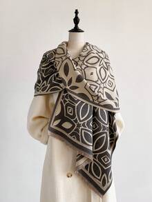 1pc Faux Cashmere Design Geometric Floral Pattern Jacquard Warm Scarf For Women, Air Conditioning Room Blanket, Autumn/Winter Outdoor Travel Cold Protection Neck Warmer Decorative Shawl, Dual-Use, Suitable For Daily Matching, First Choice For Gift - Grey - View 5