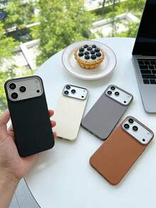 1pc 4-Color Optional Solid Color Lychee Texture Faux Leather Large Window Phone Case, Ins Premium Minimalist Business Solid Color Leather Texture, A Classic Black / B Beige White / C Premium Gray / D Caramel Brown, Faux Leather Matte Lens Raised Full Coverage Anti-Drop Soft Shell, Autumn/Winter Commute Versatile, Suitable For Personal Use And Gift; Compatible With IPhone Case & Galaxy Case, Compatible With IPhone 17 - Multicolor - View 7