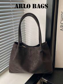 Tote Bag, Relaxed Soft Large Capacity Body, Double Long Spaghetti Strap For Comfortable Shoulder Underarm Carry, Simple Open Design For Convenient Access To Items. Spacious Interior Can Easily Store Books, Tablets And Other Personal Belongings, Meeting Daily Travel Needs, Suitable For Commuting, Shopping, Outings, Creating A Lazy Casual Everyday Outfit Style. - Coffee Brown - View 1