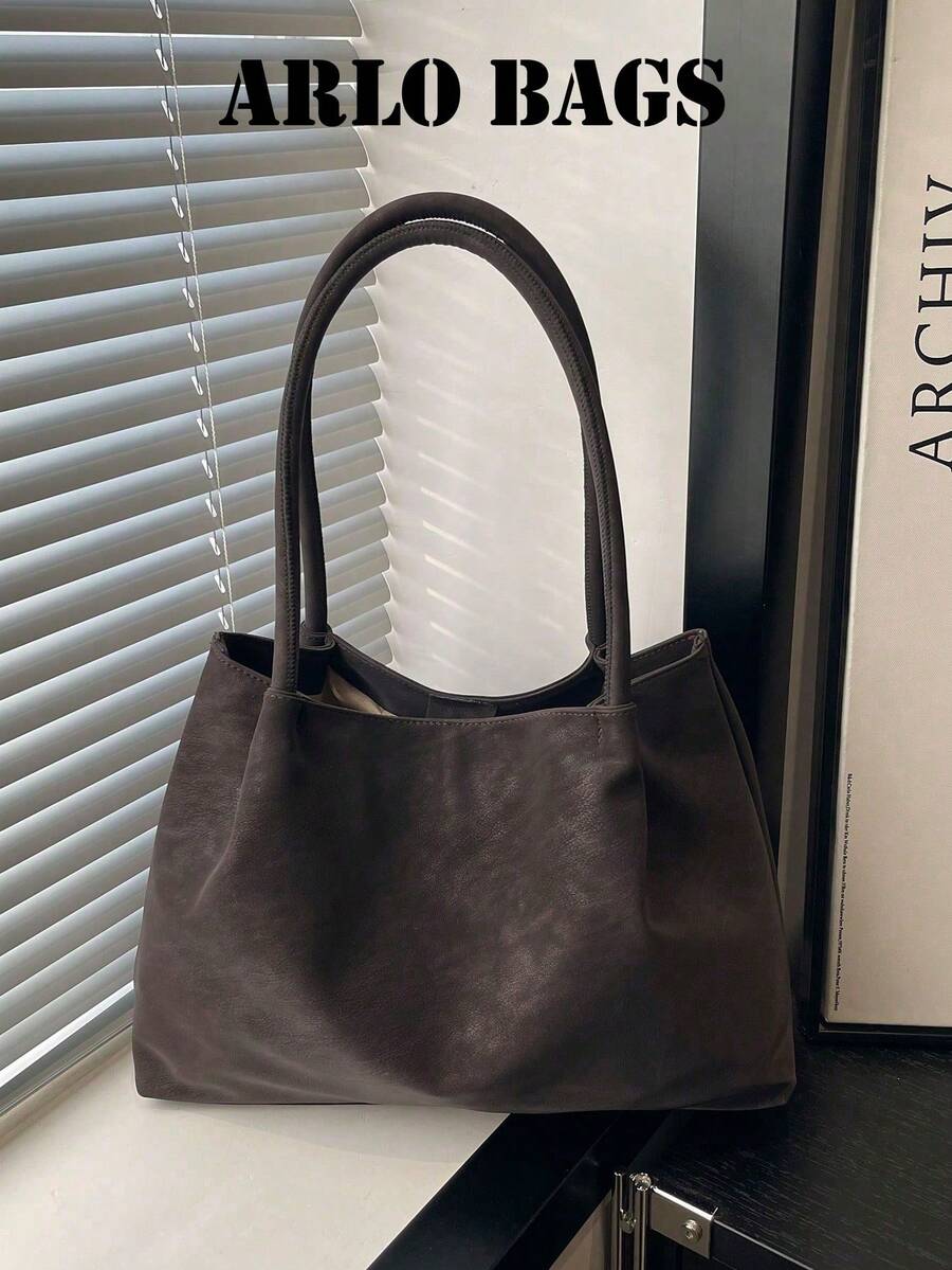 Tote Bag, Relaxed Soft Large Capacity Body, Double Long Spaghetti Strap For Comfortable Shoulder Underarm Carry, Simple Open Design For Convenient Access To Items. Spacious Interior Can Easily Store Books, Tablets And Other Personal Belongings, Meeting Daily Travel Needs, Suitable For Commuting, Shopping, Outings, Creating A Lazy Casual Everyday Outfit Style. - Coffee Brown - View 1