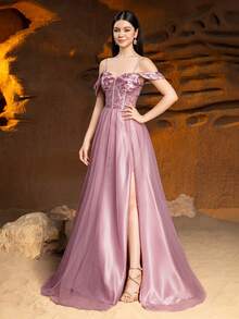 ALISA&LEO Teen Girls Cold Shoulder Floral Embroidered Heart Neckline Evening Gown, Sheer Tulle Skirt With Front Slit, Suitable For Prom And Events - Dusty Pink - View 5