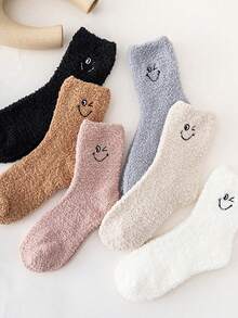 1/2/3 Pairs Women's Calf Socks, Postpartum Maternity Socks For Autumn/Winter, Thick Warm Lining, Suitable For Sleeping On The Floor, Decorated With Smiling Face Pattern - Multicolor - View 1