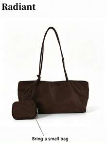 Women Shoulder Tote Bag Solid Color Nylon Fabric With Detachable Mini Pouch Lightweight Large Capacity Minimalist Daily Shopping Bag For Ladies - Coffee - View 7