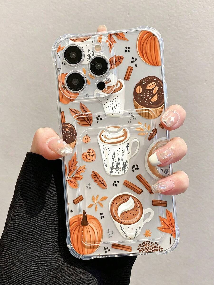 Halloween Elements Autumn Pumpkin Painted Transparent Four-Corner Card Slot Multifunctional Card Holder Thick Anti-Drop Phone Protective Case, Compatible With Iphone 18/18 Pro/18 Pro Max/17/17 Pro/17 Pro Max/16/11/16 Pro/16 Plus/16 Pro Max/16 E/15 Pro Max/13/14/12/11 And Other Models, With Card Slot, Soft TPU Shock-Absorbing Fashion Autumn Phone Case - Clear - View 1