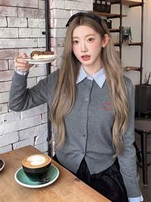 Women's 2-In-1 Striped Shirt & Knit Cardigan With Collar, Small Heart Embroidery, Slimming Thin Long Sleeve Jacket, Commuter Preppy Style - Grey - View 3
