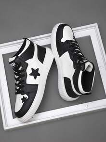Men's Youthful Style High-Top Black & White Star Design Casual Sports Shoes Suitable For Daily Wear And Everyday Use - Black and White - View 5