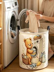 Multi-Functional Large Laundry Basket/Dirty Clothes Basket, Laundry Hampers Bags, Cute Laundry Bear Pattern - Foldable Circular Clothes Basket, Foldable Clothes Rack And Wooden Clothes Clips, Bedroom, Bathroom Storage Box, Wardrobe Organizer - Space-Saving Laundry Organizer, Laundry Storage And Organization, Suitable For Home And Travel, Applicable To Multiple Living Spaces, Casual Style Clothes Storage Box, Space-Saving Design - Multicolor - View 9