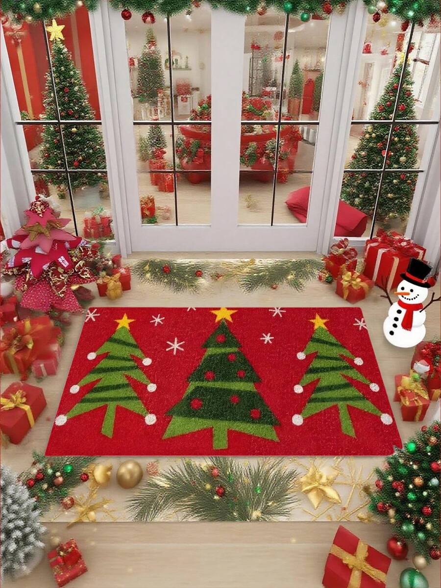 1pc Red Background Green Christmas Tree White Snowflake Gold Star Print Floor Mat, Christmas Home Decor, Premium Floor Mat, Welcome Mat, Suitable For Kitchen, Hallway, Living Room, Bedroom And Laundry Room - Easy To Clean, Durable, Long-Lasting, Christmas