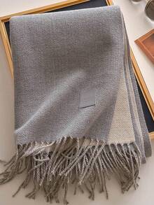 1pc Solid Color Faux Leather Label Tasseled Thick Scarf 65*190cm, Polyester Wool Blend, Fall Winter Shawl For Travel Party Outing, Wear As Scarf Shawl - Multicolor - View 42