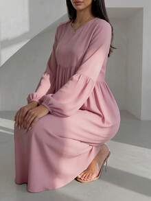 Solid Color Loose Fit Pleated Abaya, Bell Sleeve Round Neck Elegant Islamic Long Dress, Suitable For Middle Eastern Women's Daily Home Wear - Multicolor - View 3