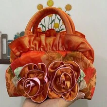 Women Elegant Floral Satin Small Handbag, 3D Flower Ruffle Trim Top Handle Mini Tote Bag Daily Makeup Purse - Multicolor - View 15
