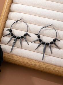 1 Pair Punk Style Spiky Tassel & Black Bead Hoop Earrings, Best Accessory For Concerts, Parties, Daily Wear And Street Rock - Gun Black - View 6