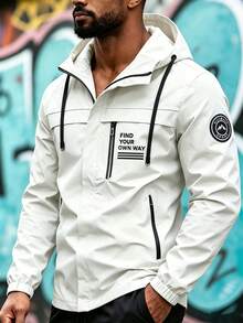1pc Men's Casual Outdoor Hiking Camping Workout Lightweight Letter Print Hooded Jacket, Autumn/Winter - White - View 3