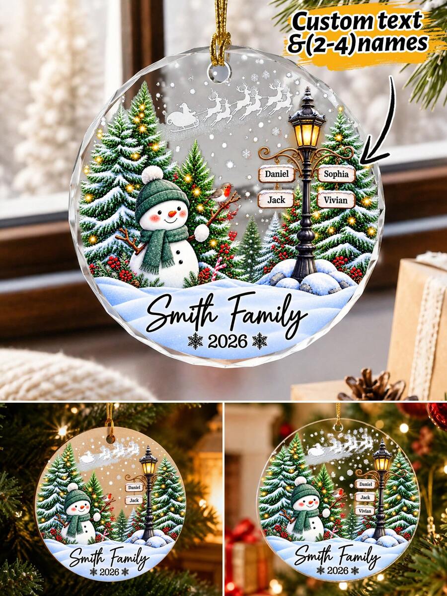 Custom Family Name Round Hanging Ornament, Snowman Winter Christmas Tree Decoration, Personalized Home Pendant, Custom 2-4 Names Holiday Keepsake Gift, Customizable Text Christmas Decor, 2026 Christmas Ornament, Family Name Hanging Decor - Style B - View 1