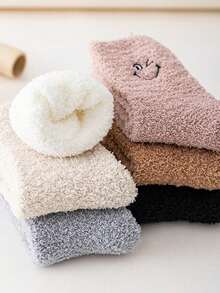 1/2/3 Pairs Women's Calf Socks, Postpartum Maternity Socks For Autumn/Winter, Thick Warm Lining, Suitable For Sleeping On The Floor, Decorated With Smiling Face Pattern - Multicolor - View 2