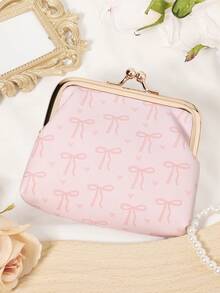 Fashion Bow Printed Coin Purse With Closed Clip, Women's Short Multifunctional Coin Purse, Driver's License Wallet, Card Bag - Pink - View 9