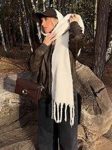 1pc Women's Autumn/Winter Solid Color Multi-Functional College Style Elegant Thickened Cashmere Scarf, Tassel Design, Autumn Decorative Style, Suitable For Autumn/Winter Warmth And Outdoor Wear - White - View 2