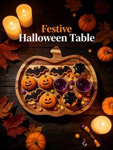 Halloween Serving Tray, Pumpkin Shaped Wooden Tray, Charcuterie Board, Autumn Home Decor, Cookie Candy Dessert Fruit Snack Tray, Kitchen Accessory, Halloween Decoration Tabletop Tray, Suitable For Holiday Party Gathering - View 6