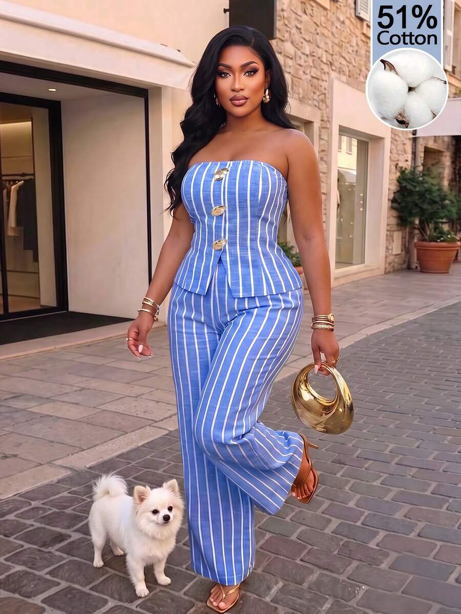 AIJ Amarilo Autumn Plus Size Casual Women's Blue Striped Bandeau Front Button Top And Wide Leg Pants 2 Pieces Set, Suitable For Party, Daily, Commute, Holiday Wear - Light Blue - View 1