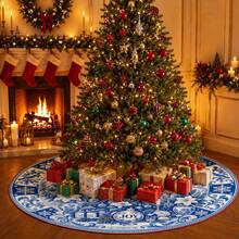 1pc Blue And White Porcelain Robin Pattern Christmas Tree Skirt, Elegant Holiday Decor, 5 Sizes, Unisex Holiday Gift, Suitable For Home And Party Christmas Home Decoration - Blue and White Robin Porcelain - View 6