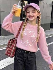 Tween Girls Cute Solid Color Floral Embroidered Knit Pullover Sweater, Suitable For Daily Wear, Vacation, Spring, Autumn, Winter - Pink - View 3